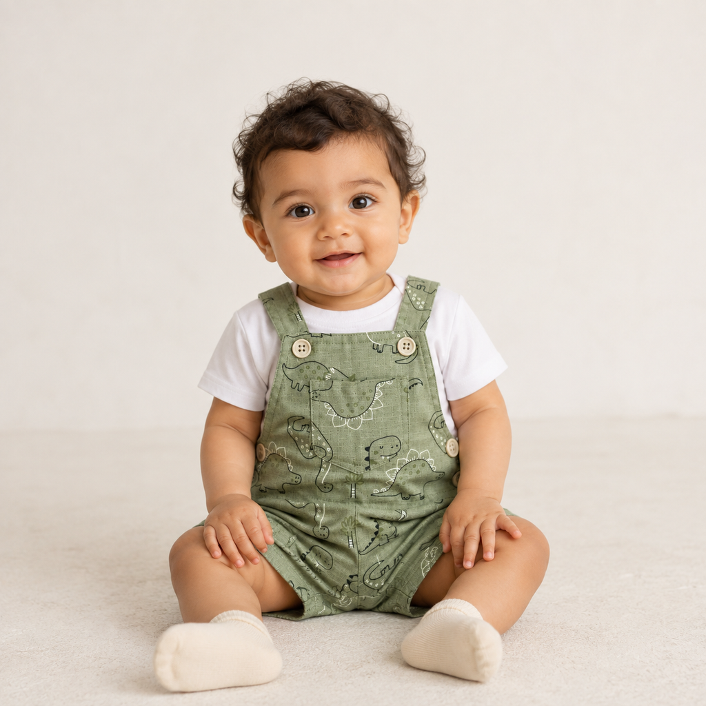 Dino Adventure T-Shirt & Short Overalls Set – Sage Green