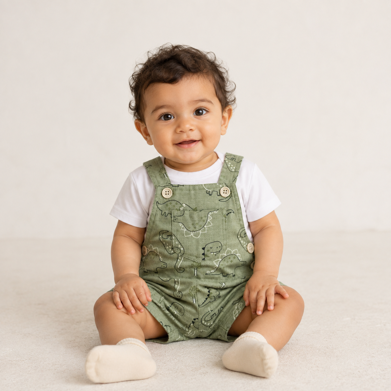 Dino Adventure T-Shirt & Short Overalls Set – Sage Green
