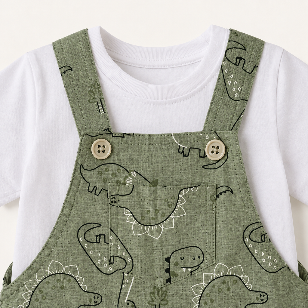 Dino Adventure T-Shirt & Short Overalls Set – Sage Green