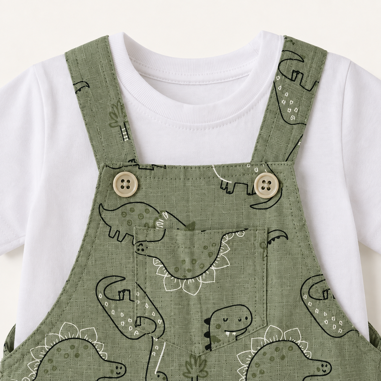 Dino Adventure T-Shirt & Short Overalls Set – Sage Green