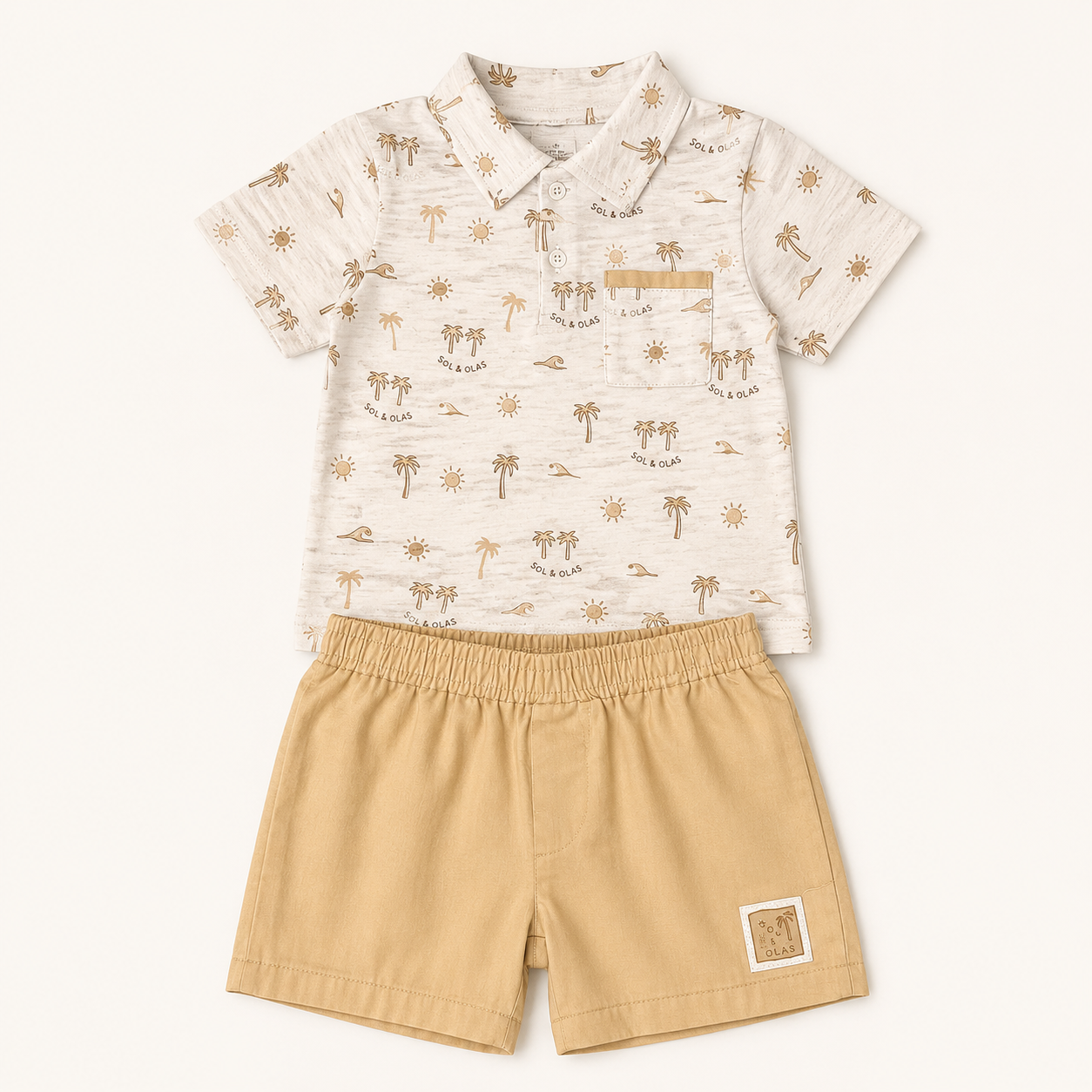 Sol & Olas Sandy Palms Polo & Shorts Set – Ivory & Beige