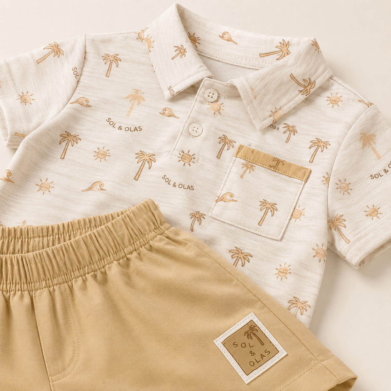 Sol & Olas Sandy Palms Polo & Shorts Set – Ivory & Beige