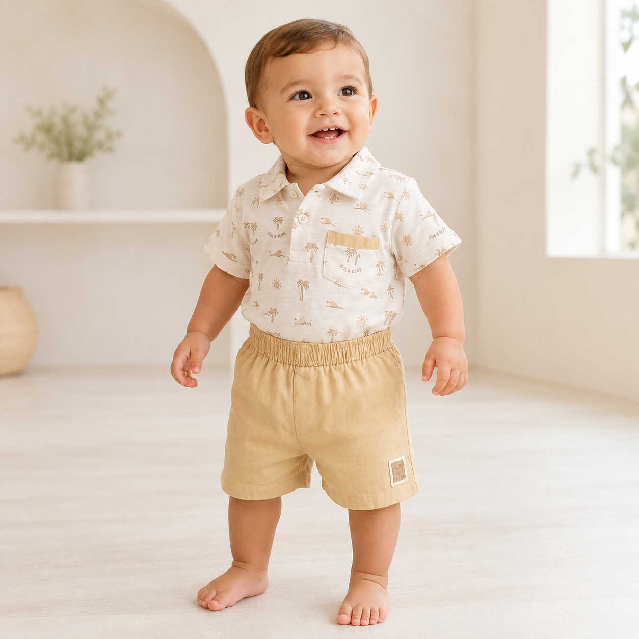 Sol & Olas Sandy Palms Polo & Shorts Set – Ivory & Beige
