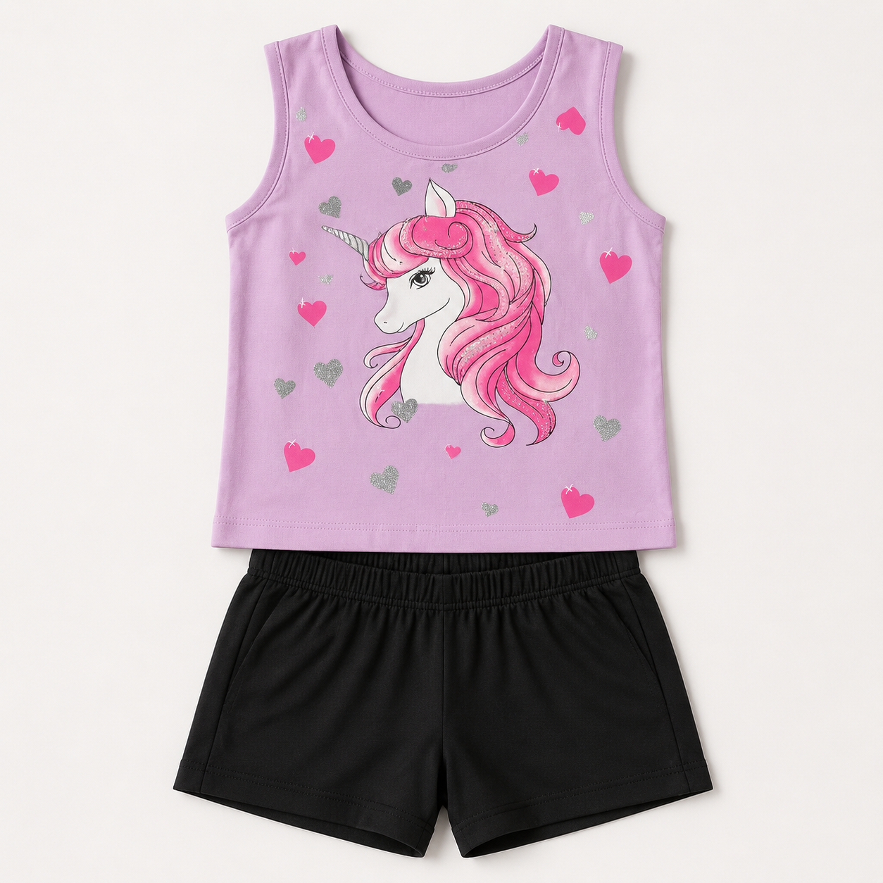 Magical Unicorn Top & Shorts Set – Lilac & Black