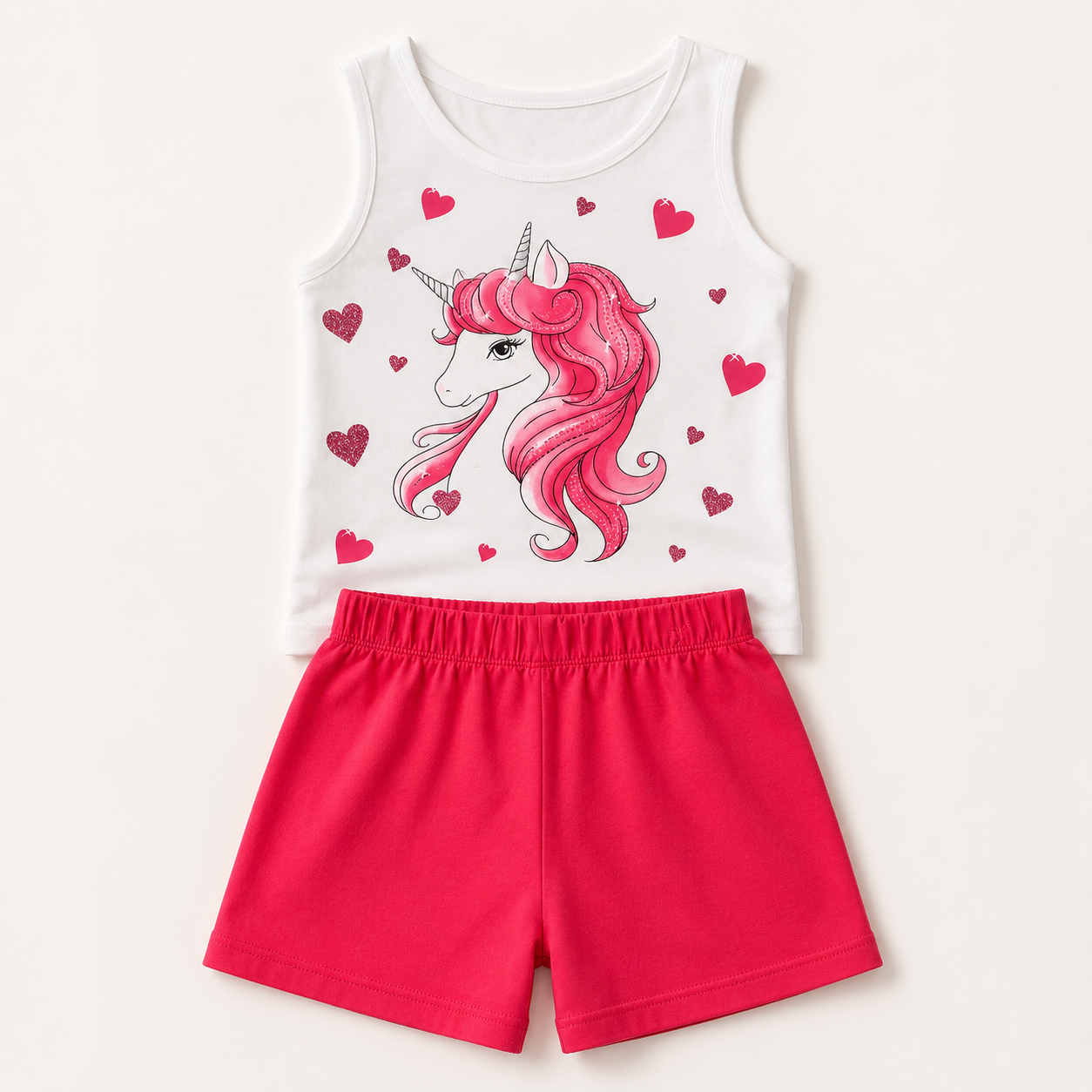 Sparkling Unicorn Top & Shorts Set – White & Fuchsia