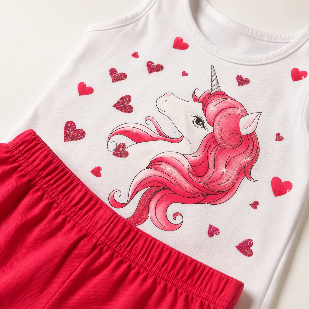 Sparkling Unicorn Top & Shorts Set – White & Fuchsia