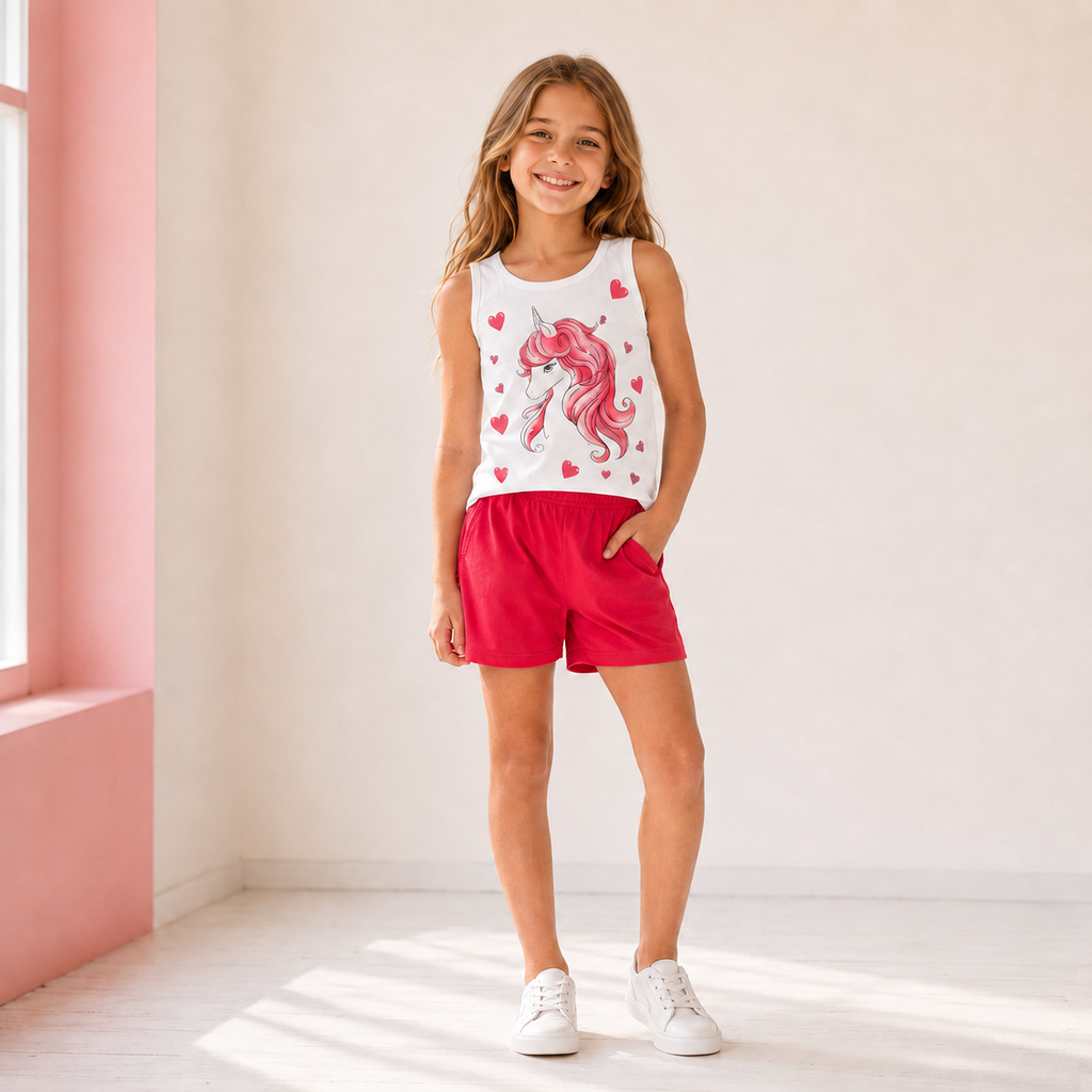 Sparkling Unicorn Top & Shorts Set – White & Fuchsia